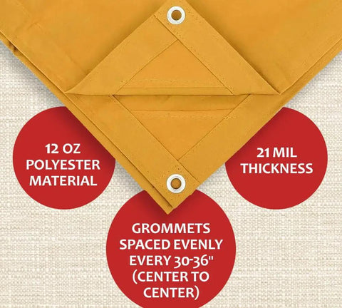 Close-up of corner detail with grommets on 8 By 10 Tan Canvas Tarp, 12oz Heavy Duty Polyester, Water Resistant, Durable Weatherproof Tarpaulin.