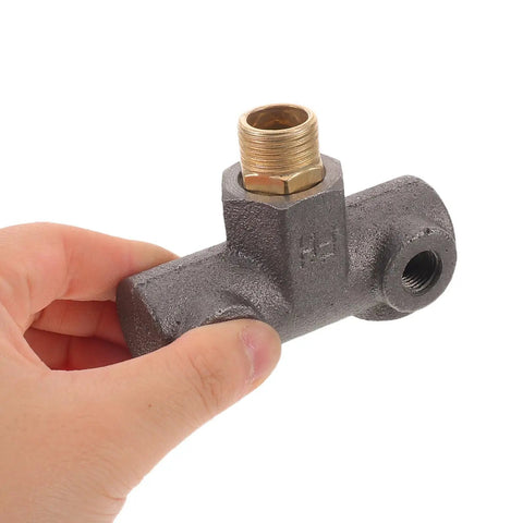 Four Way Pneumatic Air Compressor Manifold Mounting Bracket in hand, heavy duty cast iron with 1/2 in and 1/4 in threads