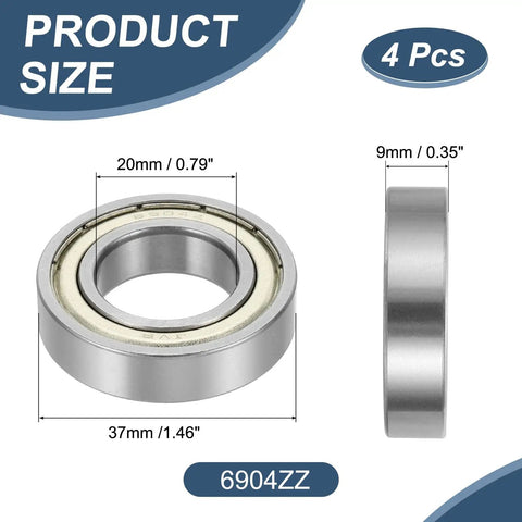 4 Pack Deep Groove Ball Bearings 6904ZZ 20x37x9mm chrome steel shielded, shown in front and side view with dimensions.