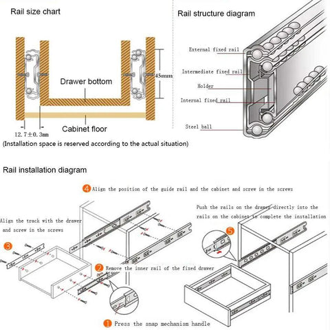 Heavy Duty Stainless Steel Drawer Slide With Hassle Free Kick Open Action 51 Mm Wide installation and size chart diagram.