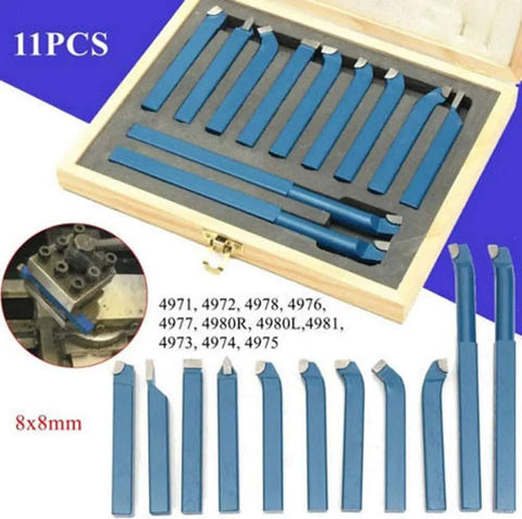 Top Shelf 11 Piece Tungsten Carbide Lathe Turning Tool Set With Heavy Duty Boring Bars And Roughing Grooving Inserts Built Tough For Real Deal Mini Lathe Work in wooden case.