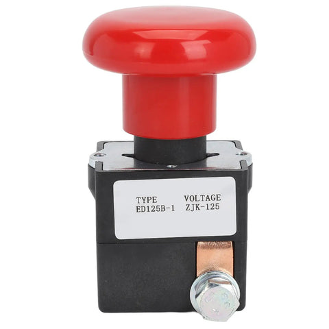 Heavy Duty Metal Emergency Stop Switch With Latching Design For Electric Forklifts And Pallet Cars Fast Cutoff Push Button 125A DC80V, red actuator, compact design.