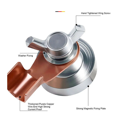 Premium Welding Magnetic Ground Clamps With Super Strong Magnets For Steady Earth Connections On Flat Or Curved Metals, showing copper wire end and tight wing screw.
