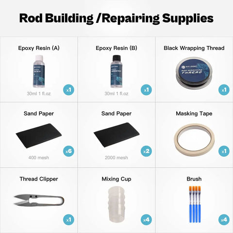 Fishing Rod Repair Kit With Epoxy Glue Wrapping Thread Clipper And Masking Tape for DIY Rod Building and Tip Repair contents