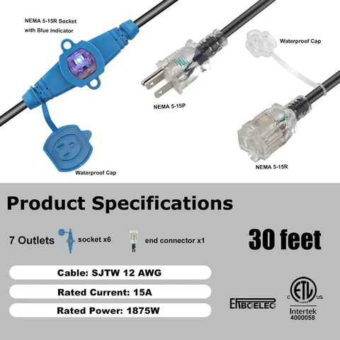 30 Ft Heavy Duty Extension Cord With 12 Gauge Wire, 7 NEMA 5-15R Outlets, Blue Indicator Lights, ETL Listed, product specifications