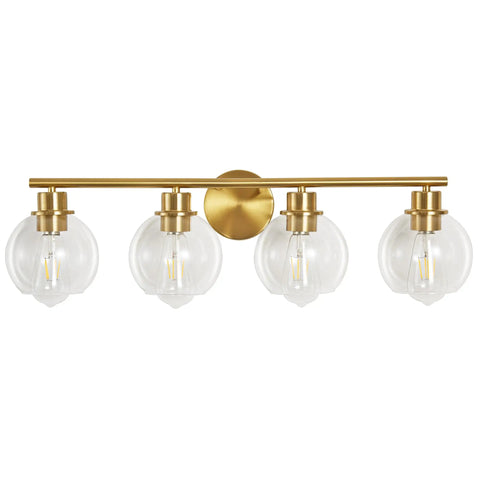 4-Light Over Mirror Bathroom Vanity Light With Clear Glass Globe Shades, 29.5 Inch Black Wall Sconce For Bath, Brass Fixture