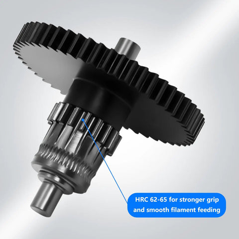 Close-up of Beefed Up Hardened Steel Extruder Gear With Integrated Shaft For 5M And 5M Pro, showing HRC 62-65 nano coating