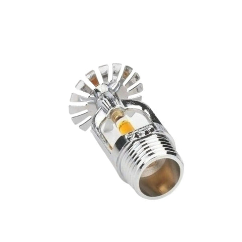 Heavy Duty Chrome Pendent Fire Sprinkler Heads Four Pack Rated One Thirty Five Degrees Fahrenheit With Slick Half Inch Pipe Connectors.