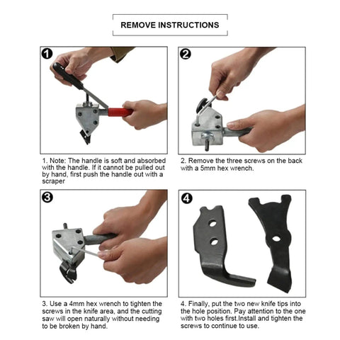 Remove instructions for Heavy Duty Metal Sheet Cutter Head for Electric Drill, showing steps for handle and blade adjustments.