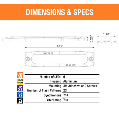Five Inch Amber Ultra Thin Led Strobe Warning Light Featuring 23 High Visibility Flash Patterns And Low Profile Surface Mount specifications chart