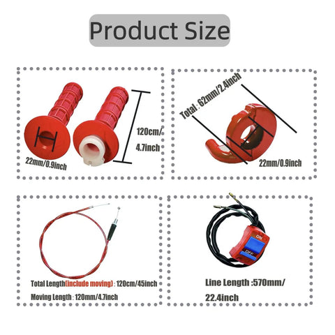 Red 7 By 8 Inch 22mm Twist Throttle Handle Grips Kit For Pit Bike Mini Bike with dimensions shown