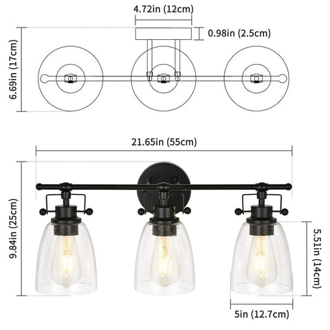 Diagram of Dope 3-Light Modern Black Vanity Light Fixture with glass shades and measurements, 21 inch over mirror bath lighting