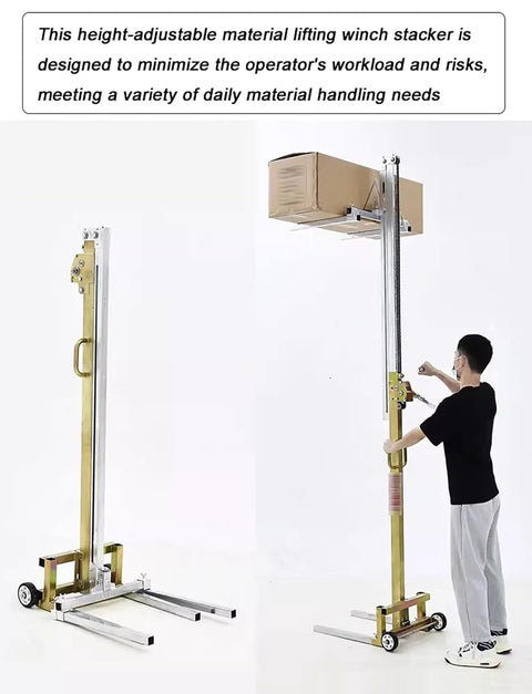 Heavy Duty Manual Pallet Stacker With No Sweat Hand Crank Lever, 80Kg Capacity Foldable Galvanized Steel Forklift For Warehouse Garage Jobs, 210Cm Lift Height in use with lifted box.