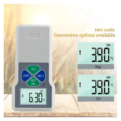 Real Deal Digital Grain Hardness Tester And Sclerometer Durometer Machine displaying kg and N readings with buttons.
