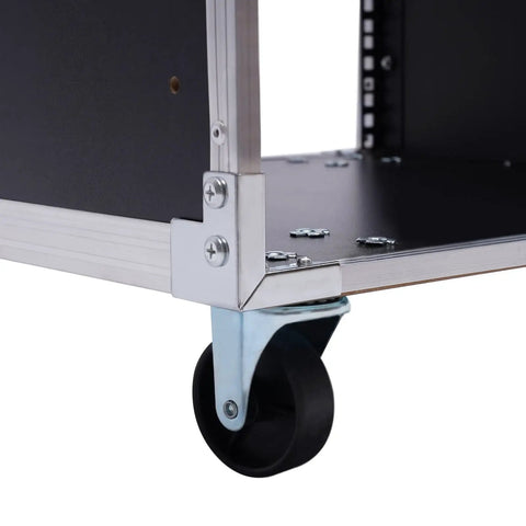 Close-up of the locking caster wheel on the 12U Heavy Duty Portable AV Rack With Smooth Operator Rolling Locking Casters.