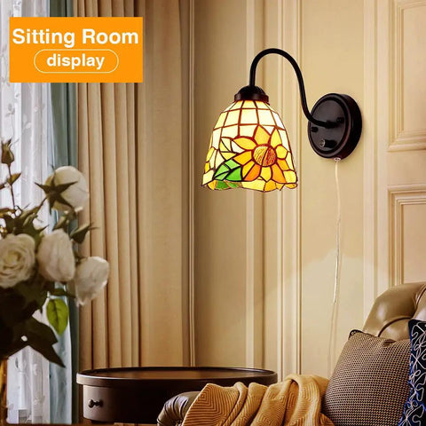 Bedside Wall Mount Lamp With Dimmable Switch, Industrial Gooseneck Sconce With Plug In Cord, Sea Blue Stained Glass Shade, lighting on wall.