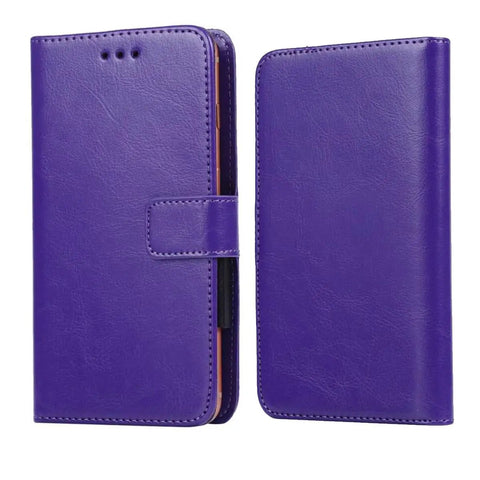 Premium Purple Leather Shell Case Cover For Danew Trace T-One 5.5 Inch Phone in open and closed positions, synthetic hide material.