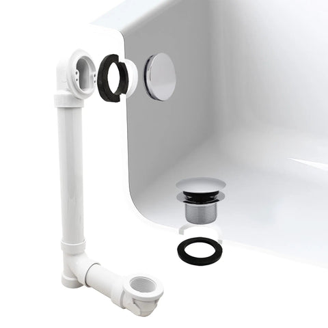 Built Tough Sch 40 Pvc Bath Waste And Overflow Assembly With Slick Illusionary Faceplate And Ada Compliant Toe Touch Drain Plug Polished Chrome shown with fittings.