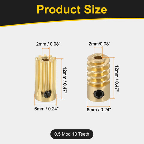 brass worm gear set 10:1, 2mm bore, 12mm height, 0.5 module