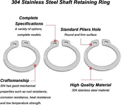 Precision Machined Heavy Duty Stainless Steel External Circlips 30 Pack C Clip Snap Rings For Automotive Systems Valves And Motor Bearings Rust Free Retaining Hardware Bulk Kit, three stainless steel circlips with pliers holes.