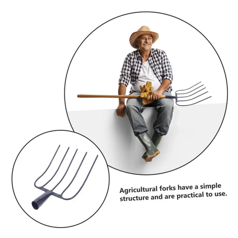 Farmer holding Heavy Duty Manure Fork For Farming And Gardening, Iron Pitch Fork Built Tough As Nails, shown in close-up detail.