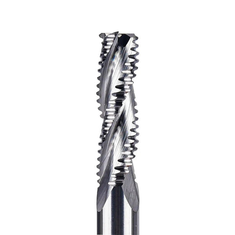 Built Different Three Flute Solid Carbide Cnc Router Bit for heavy duty woodworking detailing cutting edges close-up view.