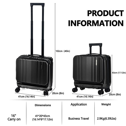 Black dual compartment carry on luggage with dimensions and wheels details for business travel.