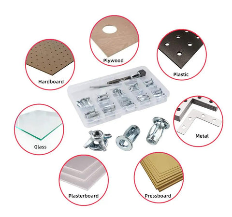 M4 Jack Nut With Installation Tool Kit, Threaded Insert Nuts For Plastic Polywood Pressboard and Hardboard with materials display