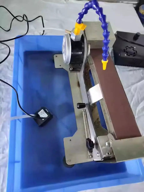Knockout 600W Electric Knife Sharpener With Water Cooled Belt Sander And Variable Speed Wet Dry Grinder in blue water tank.