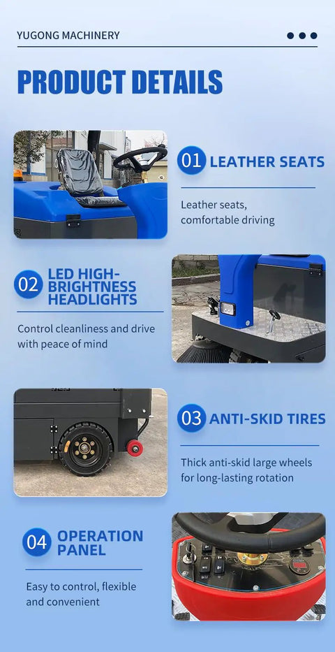 Ride On Floor Sweeper For Warehouse Factory Industrial Cleaning Machine features leather seats, LED headlights, anti-skid tires, and operation panel.