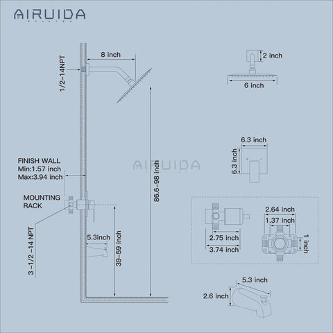 Technical diagram of Hassle Free Matte Black Shower Faucet Set With Six Inch Rainhead And Tub Spout Solid Brass Rough In Valve.