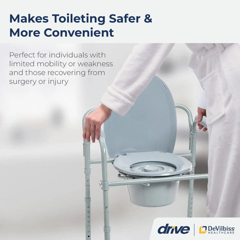 Foldable Steel Bedside Commode Chair 3 In 1 Raised Toilet Seat And Bathroom Safety Frame featuring a hand adjusting the seat.