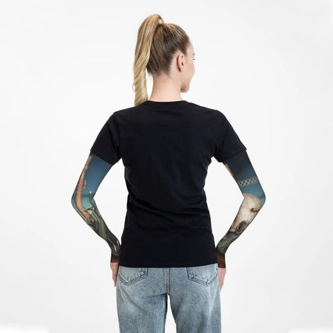 Big Time Sun Protection Arm Sleeves With Seamless Fingerless Grip And Breathable Airy Mesh High Grade Thorn Resistant Guard For Yard Work Fly Fit Elastic Wrap For Active Lifestyle on a model's arms from the back.
