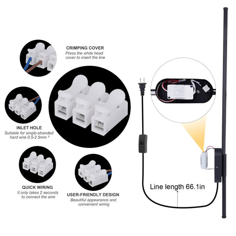 Set Of Two Black Matte Plug In Wall Sconces With Cord Switch LED Linear Wall Lights showing wiring and assembly details