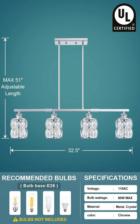 4 Light Polygon Crystal Kitchen Island Chandelier With Chrome Finish, Modern Ceiling Light Fixture For Foyer And Dining Area, dimensions shown