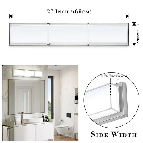 27 Inch Brushed Nickel Vanity Light Fixture above bathroom mirror, sleek design, modern appearance, over mirror bright cool white 6000K.