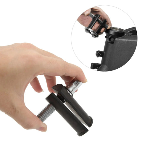 Heavy Duty Motorcycle Steering Stem Bearing Race Removal Tool For Slick Bike Wrenching Top Notch Steel Steering Neck Bearing Puller in use.