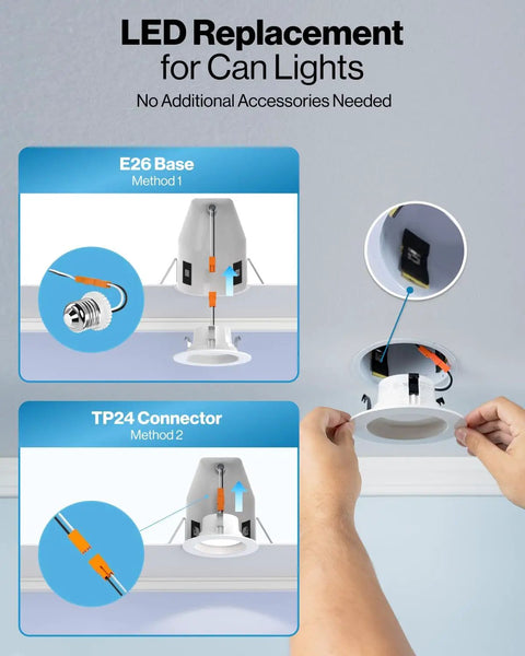 Installing 24 Pack 4 Inch LED Recessed Can Lights With 5CCT Selectable Color Temperature, including E26 and TP24 connectors.