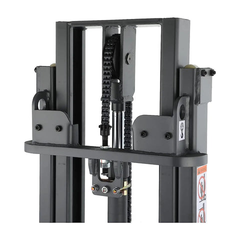 Heavy Duty Electric Counterbalanced Pallet Stacker Crushes Loads Up To 1200 Lbs showing lift mechanism and chain assembly.