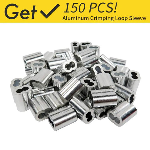 Top Shelf 304 Stainless Steel Wire Rope One Sixteenth Inch Thick 328 Foot Spool with 150 crimp sleeves for outdoor jobs.
