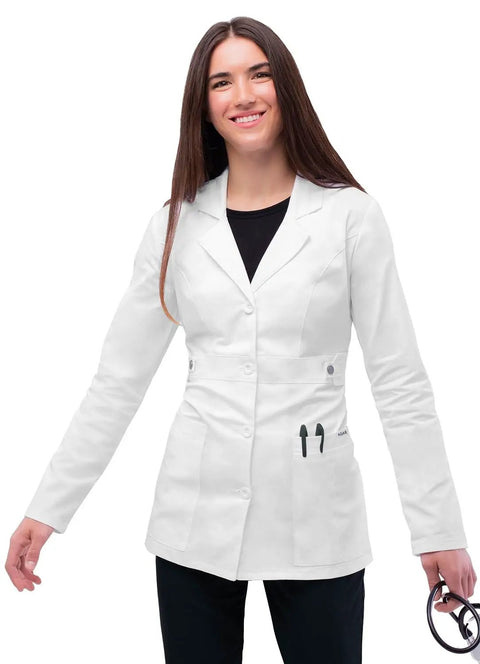 Universal Stretch Lab Coat For Women, 28 Inch Tab Waist Medical Coat, White, Size M, All-Day Comfort, Office-Ready Scrubs Jacket
