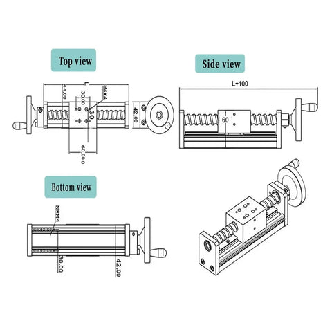 Technical drawing of Beefy Linear Motion Ball Screw Table Kit with SFU1204 Ball Screw and MGW12C Rail from multiple views.