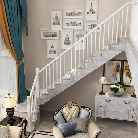 Heavy Duty White Stair Railing Posts And Spindles, 25 Pack Of 47 Inch Stainless Steel Balusters With Adjustable Brackets in modern home staircase.