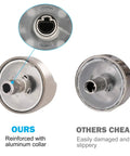 Comparison of Gas Range Burner Knob Set No Fuss Replacement For GE Cafe Series showing reinforced aluminum collar vs. standard.