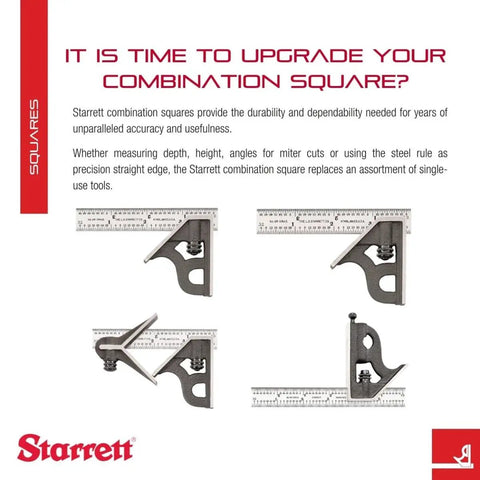 Collection of Starrett combination squares with steel rulers for precision measurements in carpentry and metalworking.