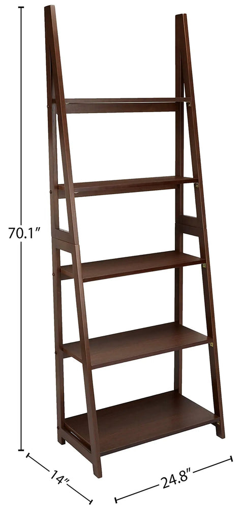 Hella Stylish Five Tier Ladder Bookshelf With Tight Space Saving Build And Smooth Walnut Finish showing dimensions 70.1" high, 14" deep, 24.8" wide.