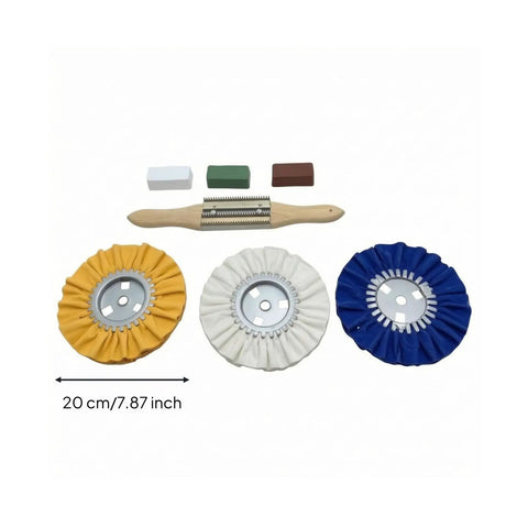 Get That Mirror Shine With These 3 Piece Cloth Polishing Wheels For Bench Mounted Metalworks Plus Buffing Agent For Surface Grinding And Smooth Finish. Image shows yellow, white, and blue polishing wheels with tool.