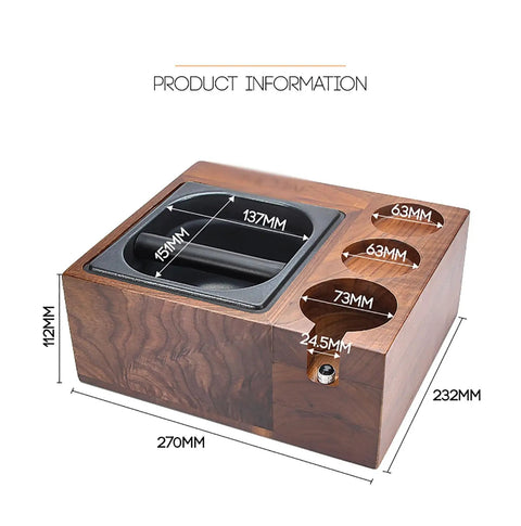 Sleek Wooden Espresso Tamper Station With Integrated Knock Box Fits 58 mm Portafilters showing dimensions and details for smooth cleanup.