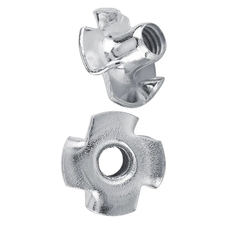 M6 Four Prong Tee Nuts for Woodworking, Heavy Duty Zinc Plated Carbon Steel with threaded inserts shown in detail