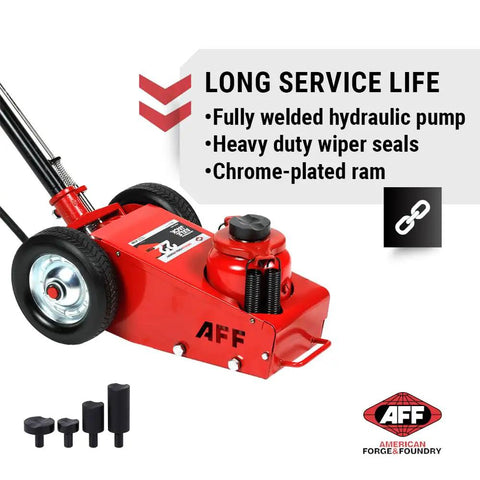 Knockout 22 Ton Air Hydraulic Axle Jack Delivering Boss Level Shop Power With Lightning Fast Motor And 43 Inch Locking Lever And Eight Inch Pro Grade Wheels side view with chrome-plated ram and wheels